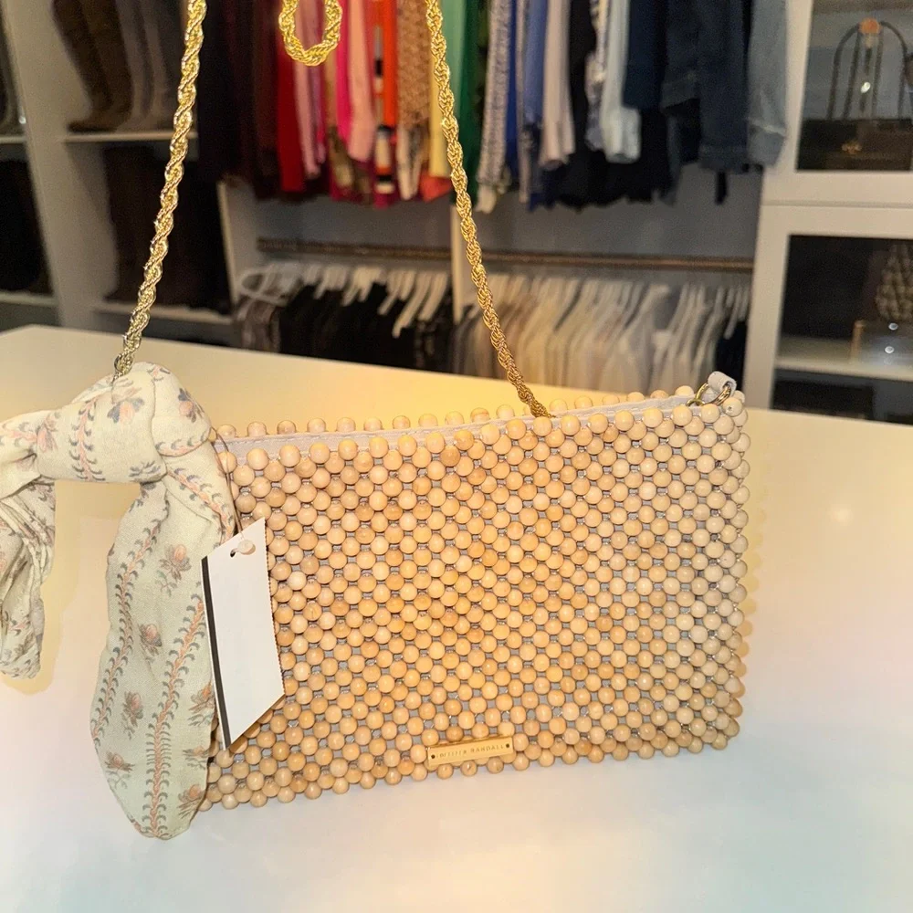 Loeffler Randall Beaded Clutch in Beige with Gold Chain